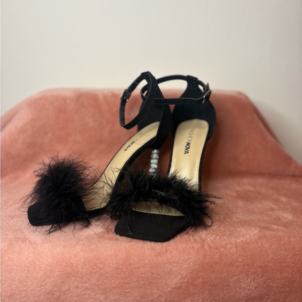 Fashion Nova Black Feathered Strap Heels